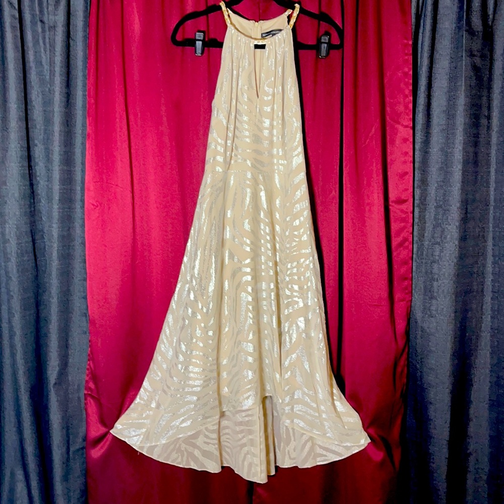 Silver hi-low dress with zebra print & gold chain